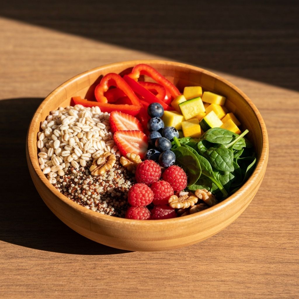 Mâncare echilibrată cu cereale, legume și fructe